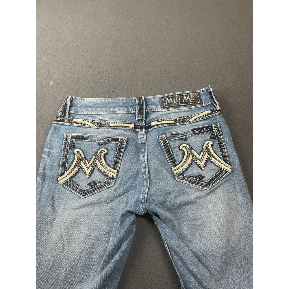 Miss Me Jeans Womens 27 Blue Bootcut Embroidered Logo Distressed 33 Inseam